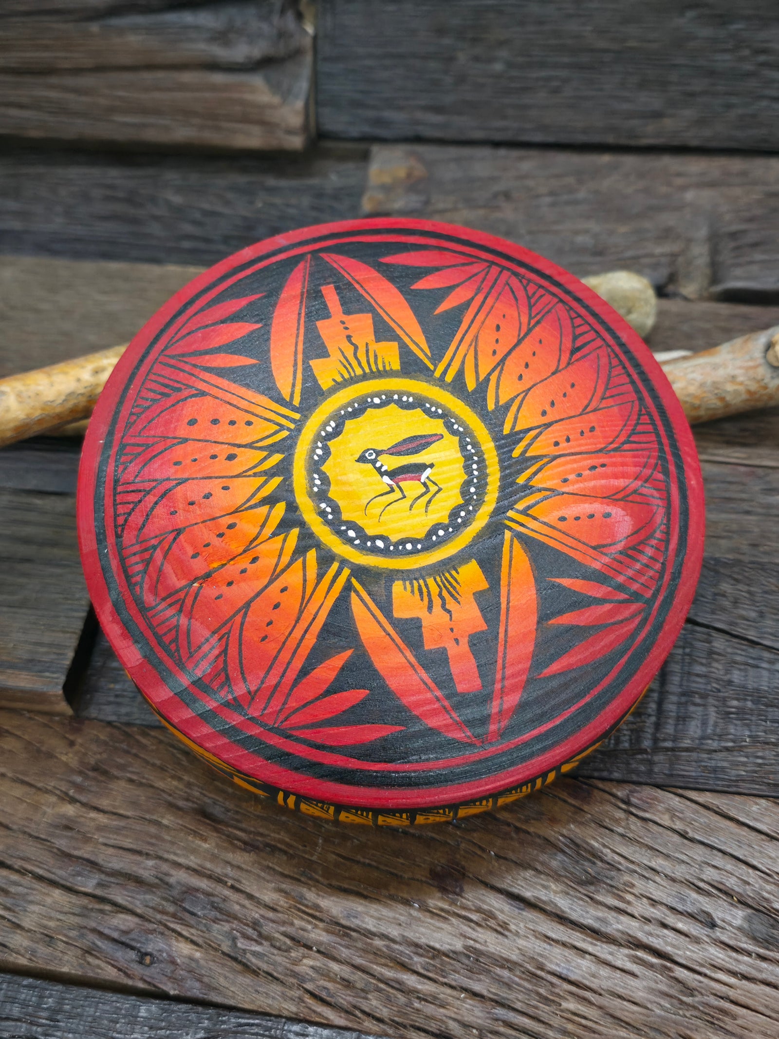 Large Handpainted Wooden Trinket Box by Andy Tsosie - Rabbit - 5 in. by 5 in. by 1 1/4 in.