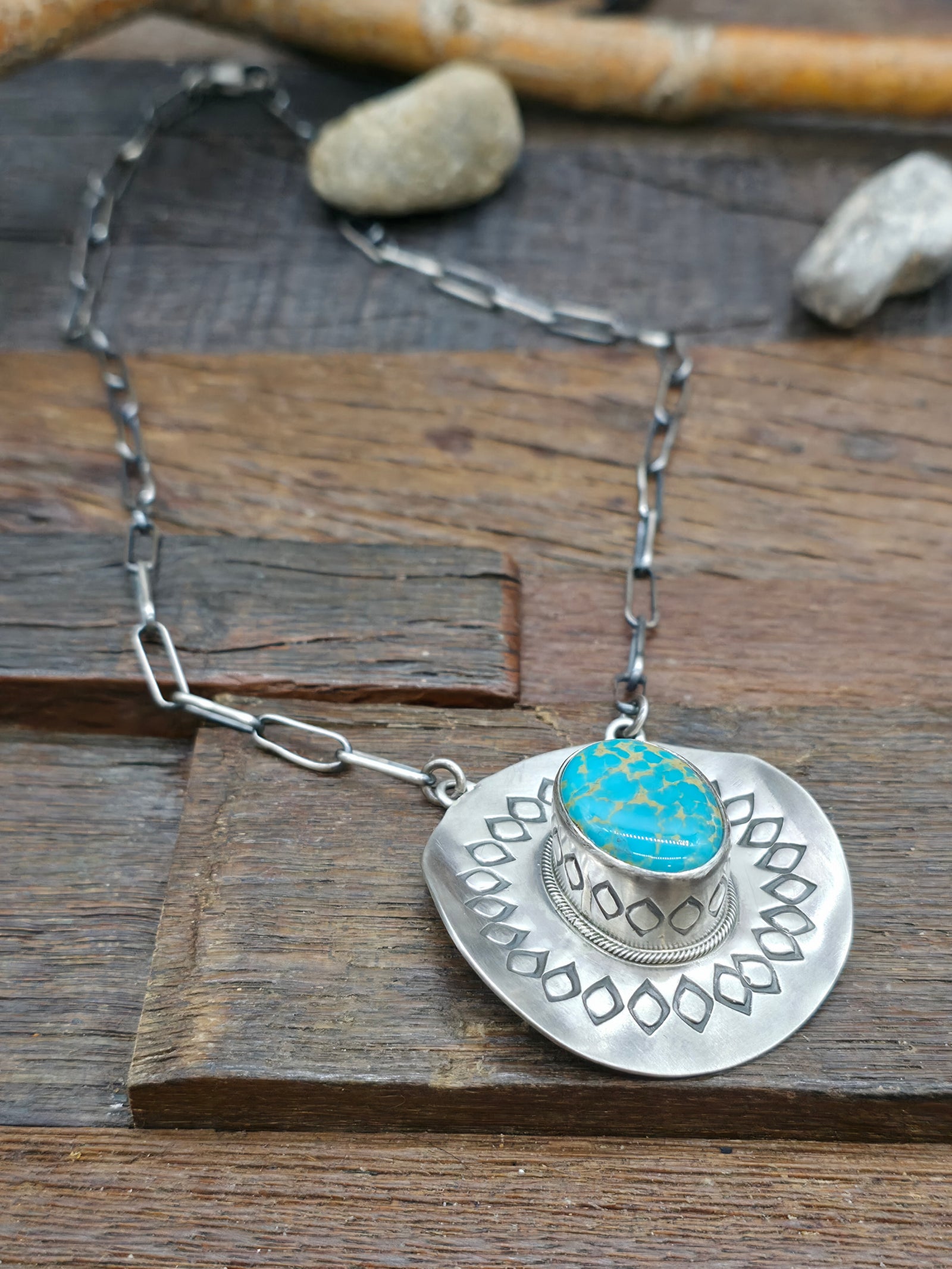 Stamped Sterling Silver Turquoise Cowboy Hat Necklace by Randy Boyd - 19 in.