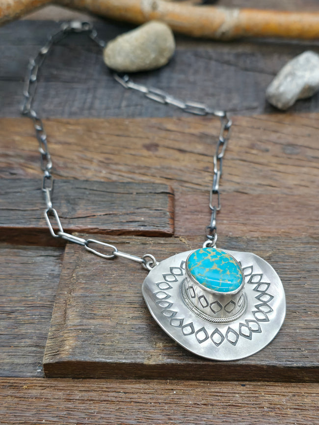 Stamped Sterling Silver Turquoise Cowboy Hat Necklace by Randy Boyd - 19 in.