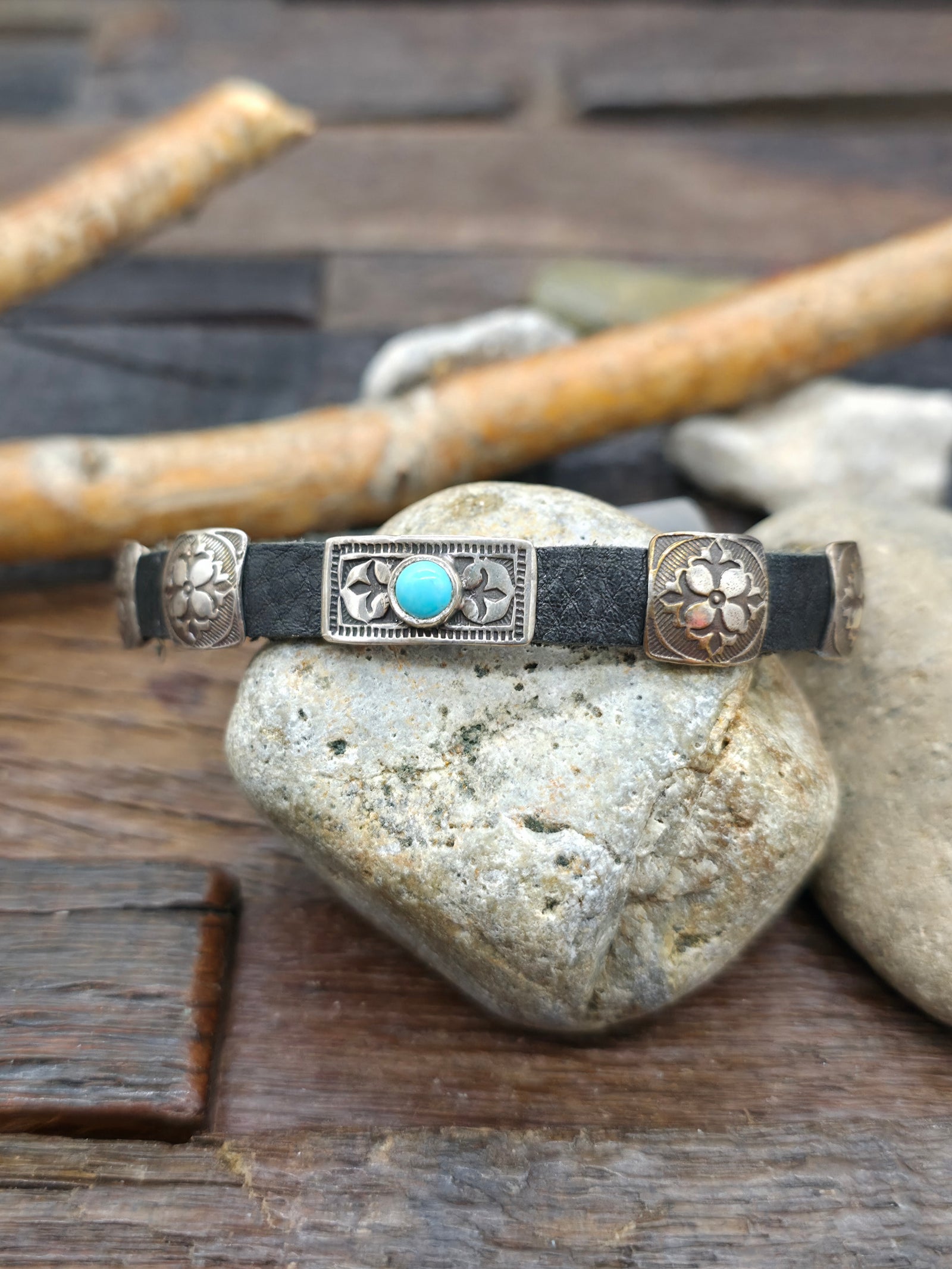 Black Leather Bracelet with Square Sterling Silver Conchos and Single Rectangular Blue Turquoise Concho by Rick Montaño - 8 in. - Designs Vary
