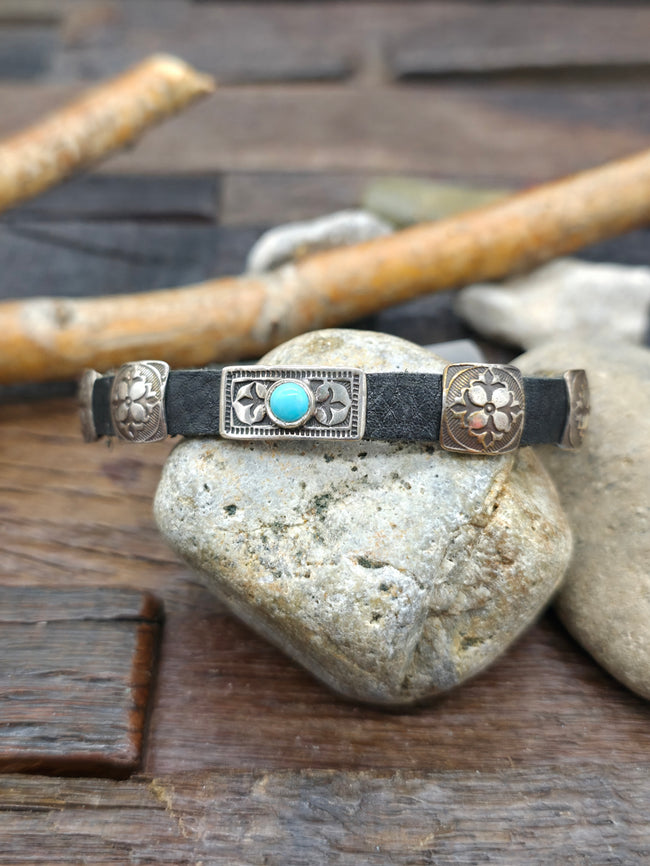 Black Leather Bracelet with Square Sterling Silver Conchos and Single Rectangular Blue Turquoise Concho by Rick Montaño - 8 in. - Designs Vary