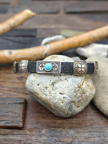 Black Leather Bracelet with Circular Sterling Silver Conchos and Single Rectangular Blue Turquoise Concho by Rick Montaño - 8 in. - Designs Vary