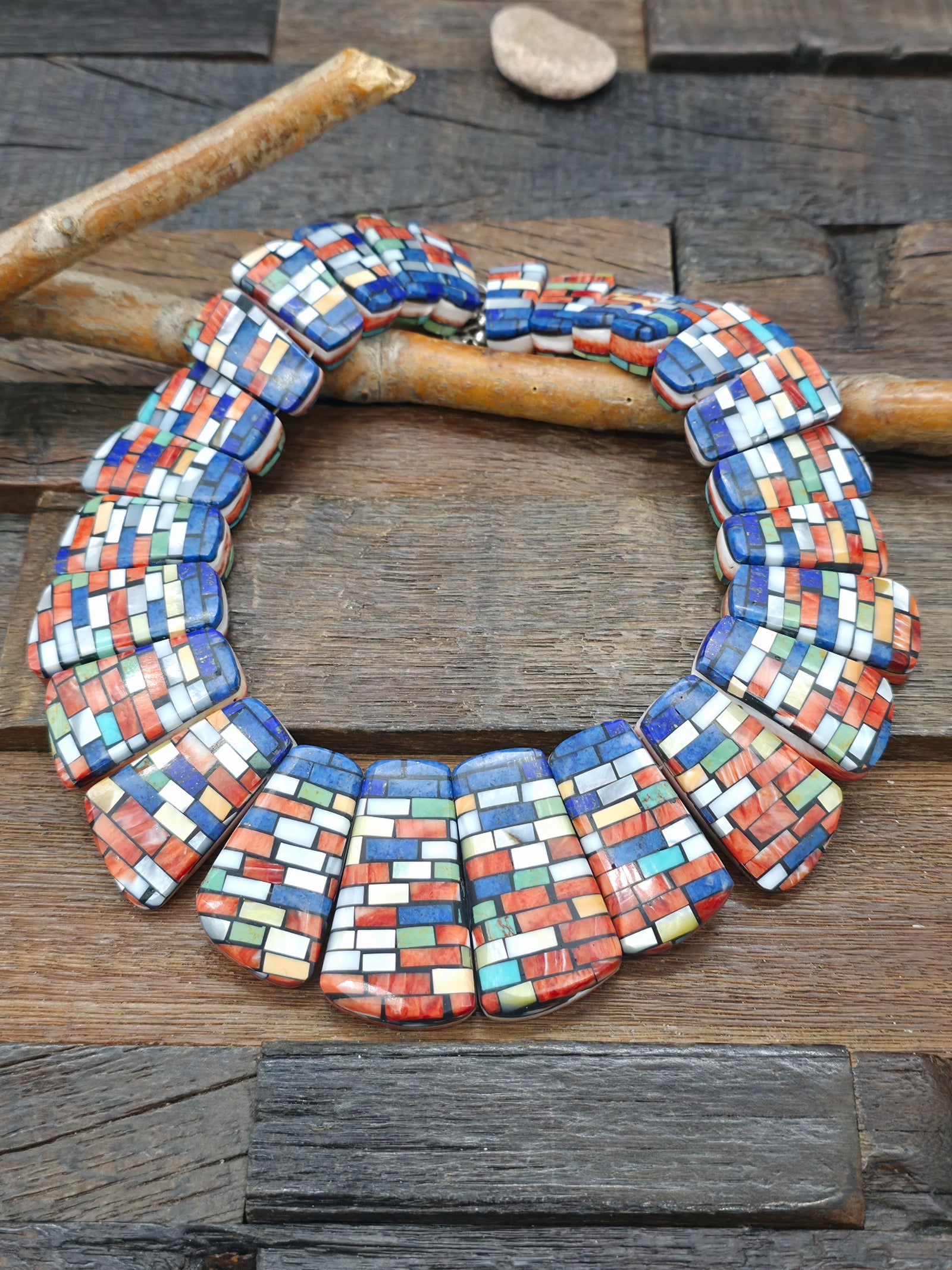Reversible Turquoise, Spiny Oyster, Mother of Pearl, and Lapis Cleopatra Necklace by Charlene Reano - 15 in.