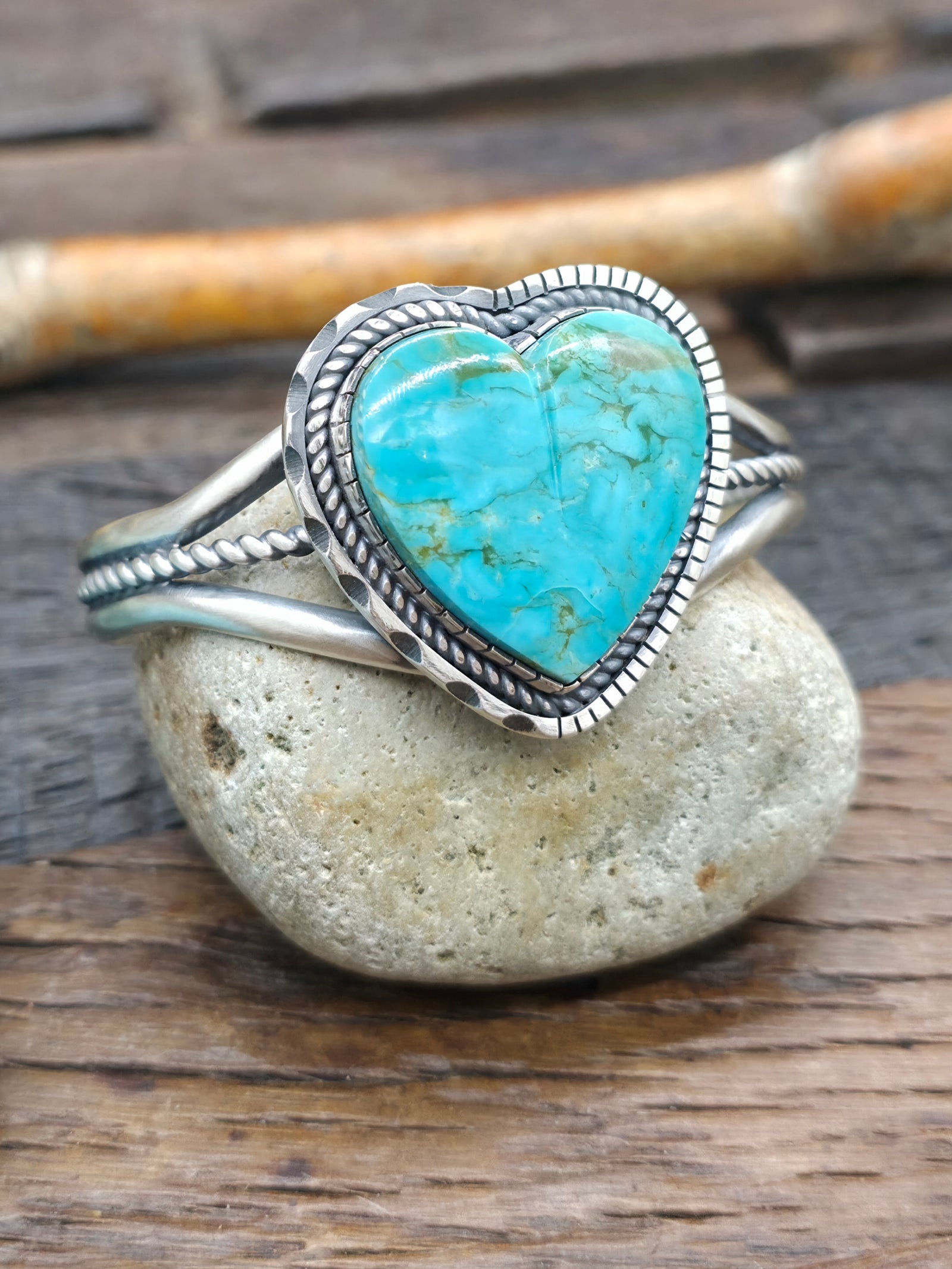 Large Oxidized Sterling Silver Blue Kingman Turquoise Heart Cuff by Walter Vandever - 6 1/2 in. with Gap