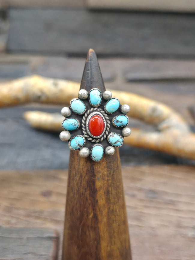 Sterling Silver Turquoise and Coral Cluster Ring - Size 5 1/2