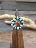 Sterling Silver Turquoise and Coral Cluster Ring - Size 5 1/2