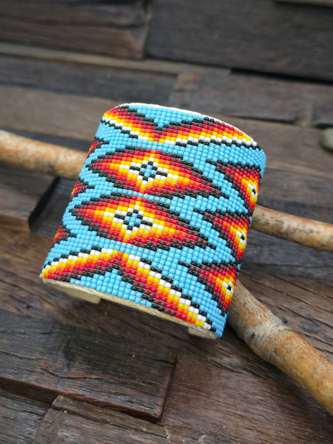 Wide Beadwork Cuff by Jacqueline Cleveland - Blue, Black, White, Orange - 7 1/4  in.