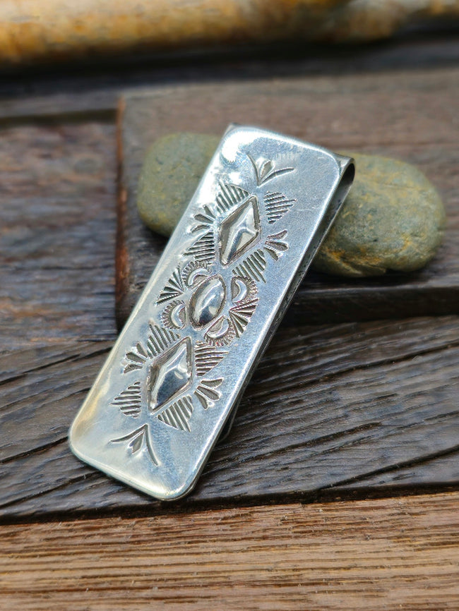 Repousse Stampwork Sterling Silver Money Clip by Bertha Begay 2" by 3/4"