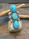 Three Stone Kingman Turquoise Stamped Sterling Silver Ring by Brenda Pete - Adjustable