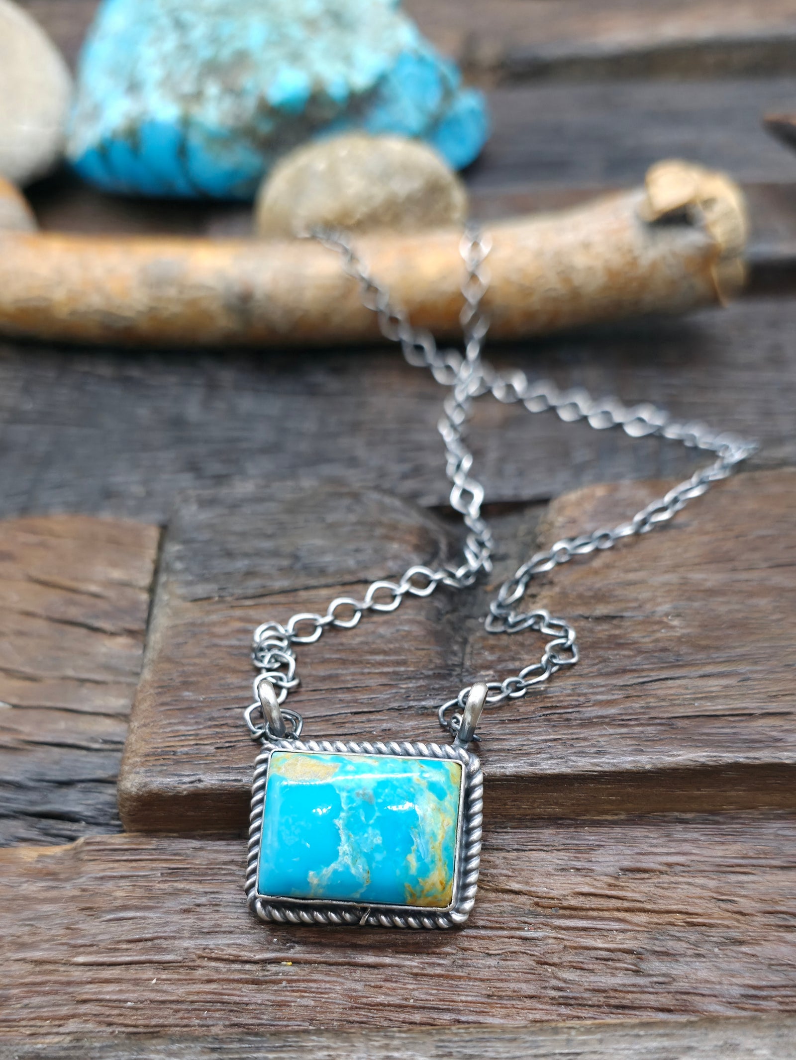 Sterling Silver Turquoise Bar Necklace by "JY" - 19 in.