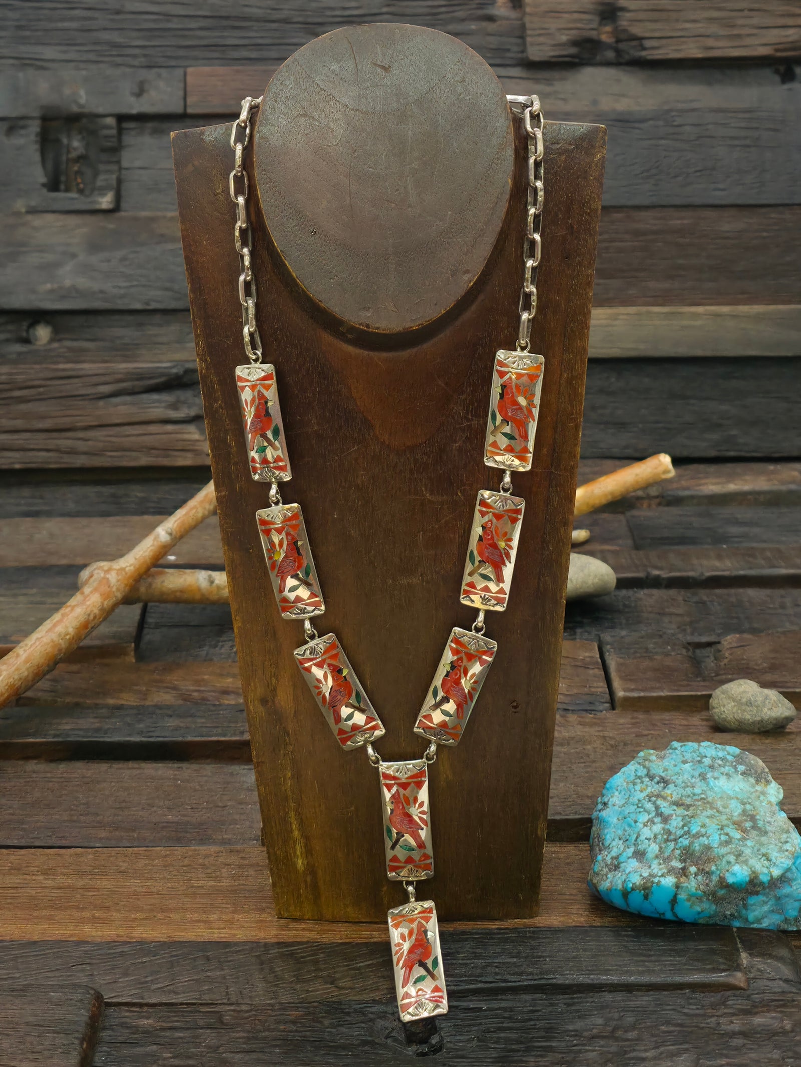 Sterling Silver Coral Zuni Inlay Cardinal Lariat Necklace by Quintin Quam - 26 in. with 3 1/2 in. Drop