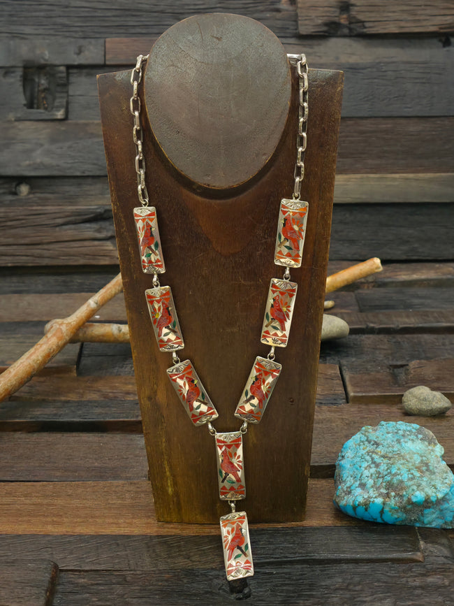 Sterling Silver Coral Zuni Inlay Cardinal Lariat Necklace by Quintin Quam - 26 in. with 3 1/2 in. Drop