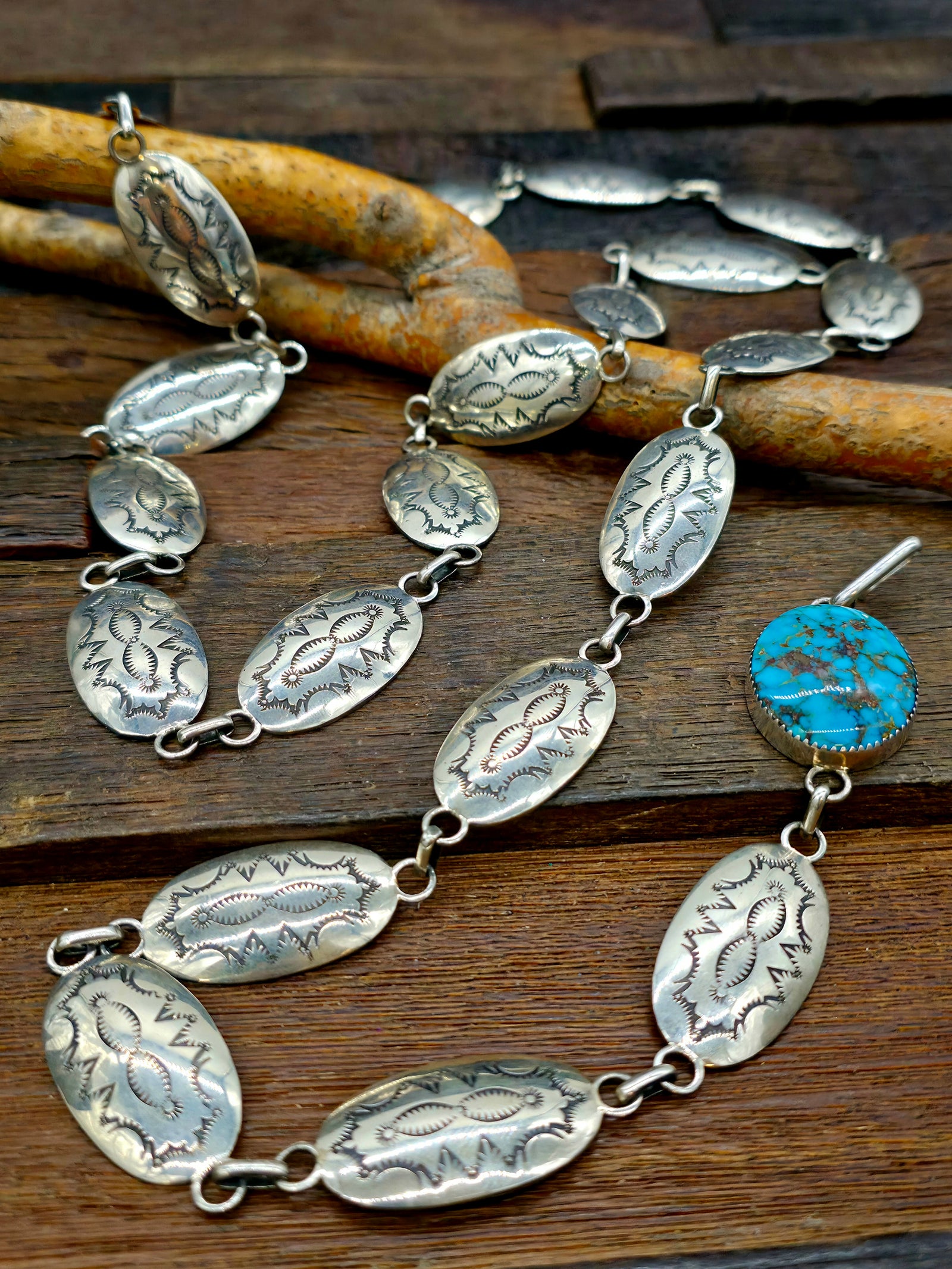 Stamped Sterling Silver Link Belt with Turquoise Buckle by Thomas Nez - 43 1/2 in.