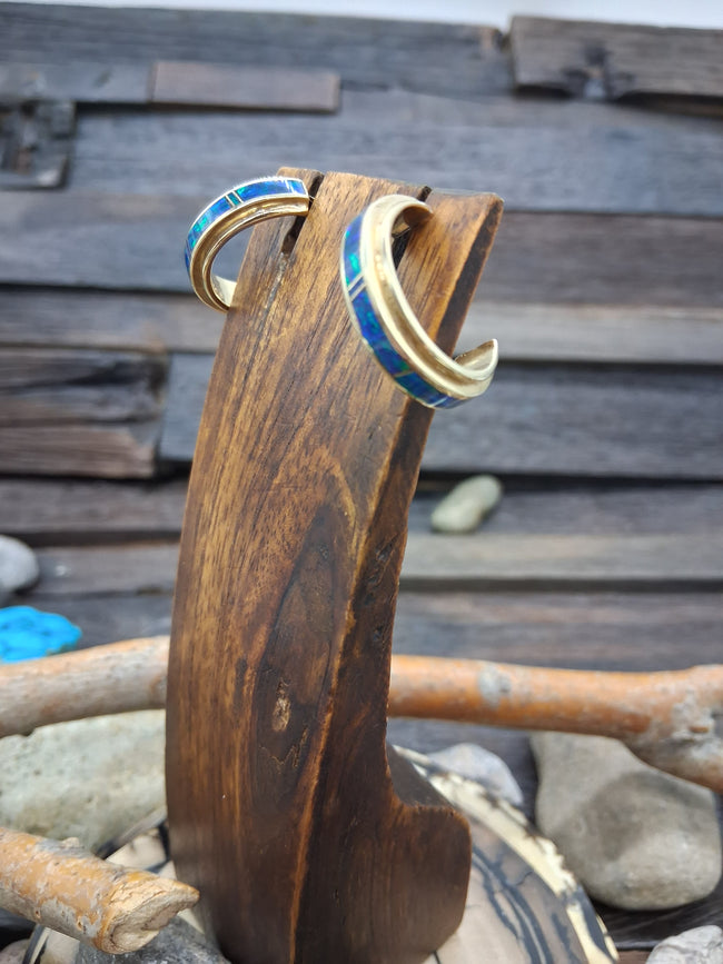 Blue Fire Opal 14kt Gold Inlay Hoop Post Earrings