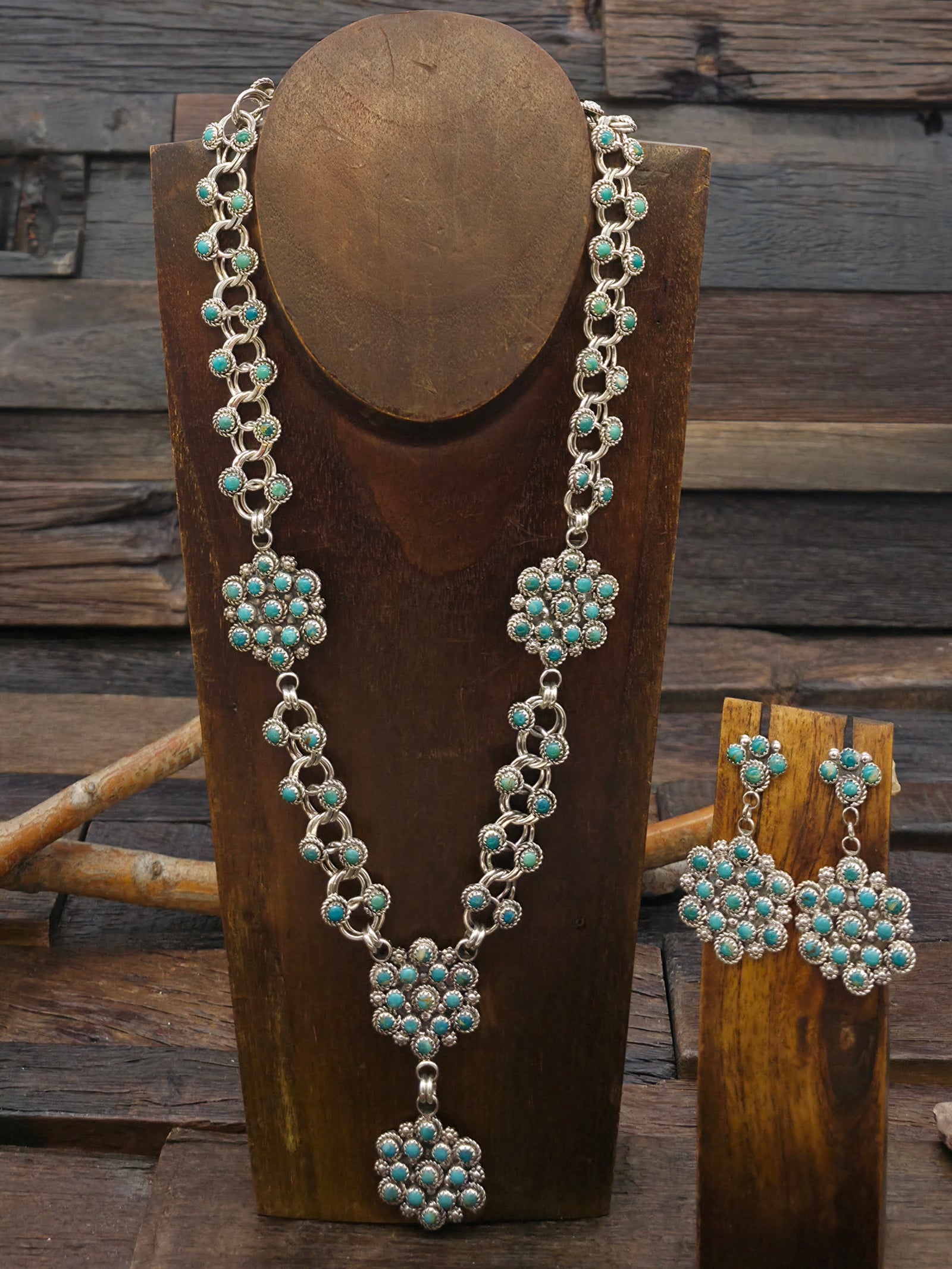 Sterling Silver Turquoise Snake Eye Lariat Necklace and Earring set by Dillion Cheama - 20 in.