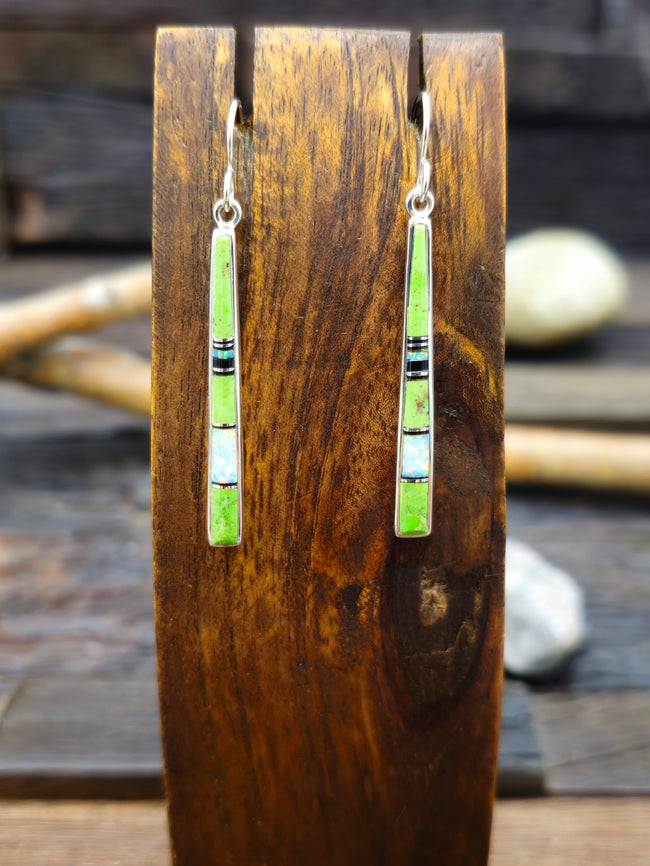 Gaspeite, Onyx, and Opal Inlay Sterling Silver Inlay Earrings by Rick Tolino