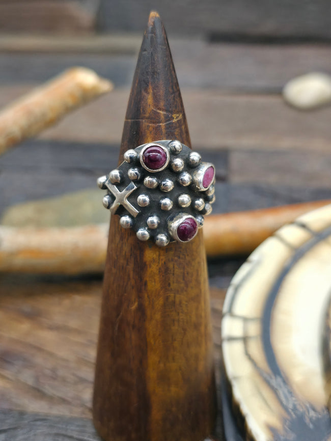 Sterling Silver Cross and Raindrop Purple Spiny Ring by Geneva Apachito - Size 9 1/2