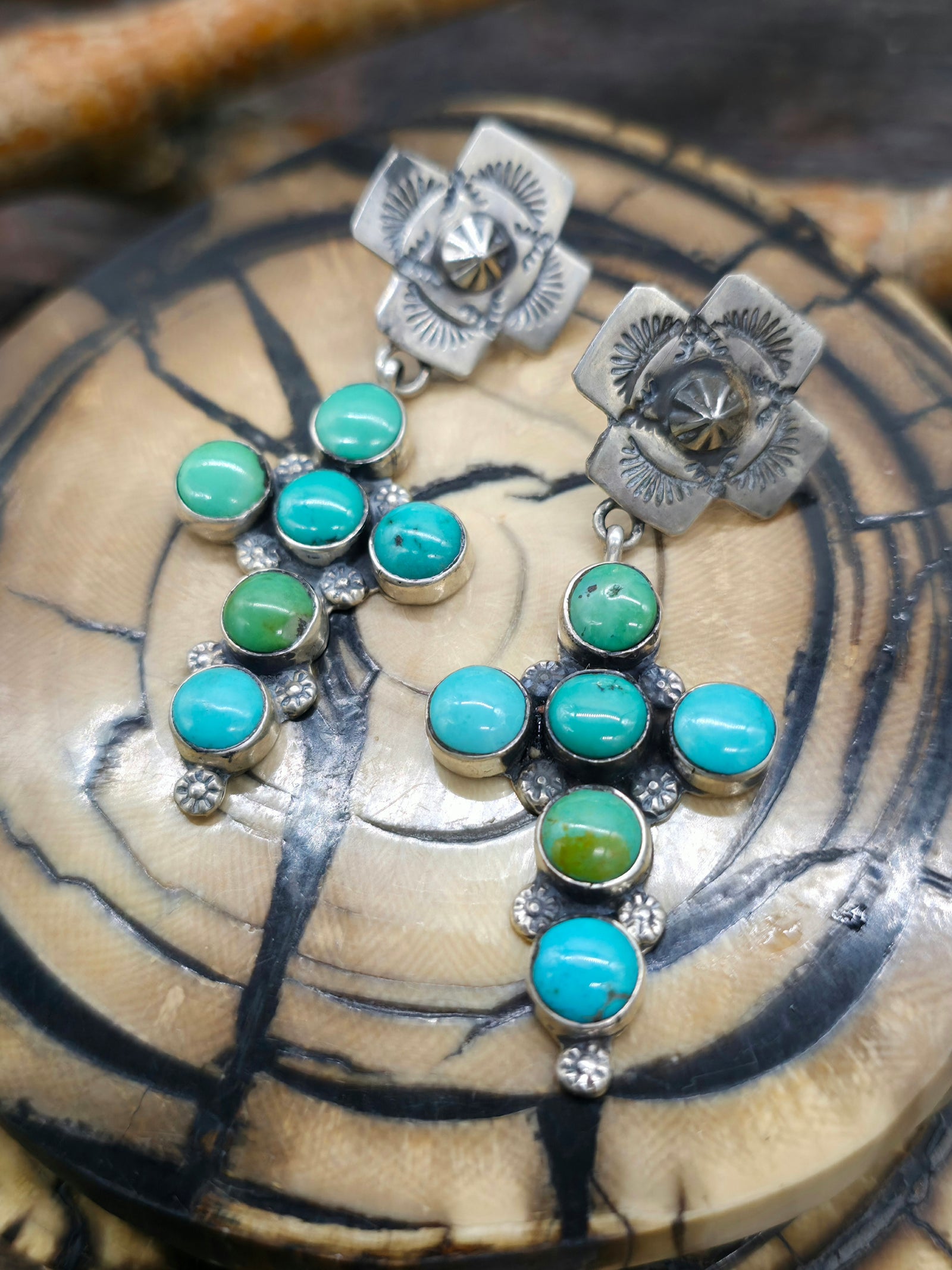 Turquoise Cross Earrings with Stamped Santa Fe Cross Post by Rosella Paxton