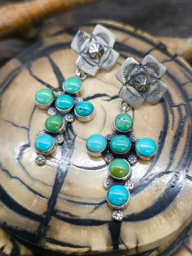 Turquoise Cross Earrings with Stamped Santa Fe Cross Post by Rosella Paxton