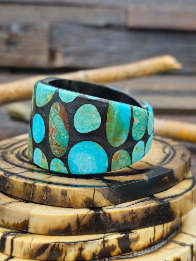 Wide Blue and Green Turquoise Mosaic Inlay Cuff by Daniel Coriz - 6 1/2 in.