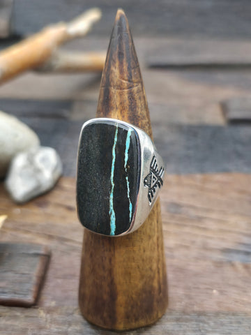 Large Sterling Silver Turquoise Inlay Spiral Ring with Multistone Band by Elliot Coonsis - Size 13