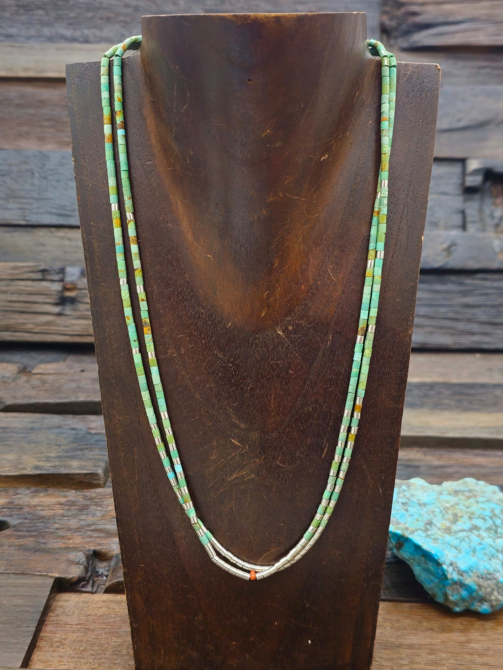 Two-Strand Turquoise and Sterling Silver Heishi Necklace by Pablita Bailon 20 in
