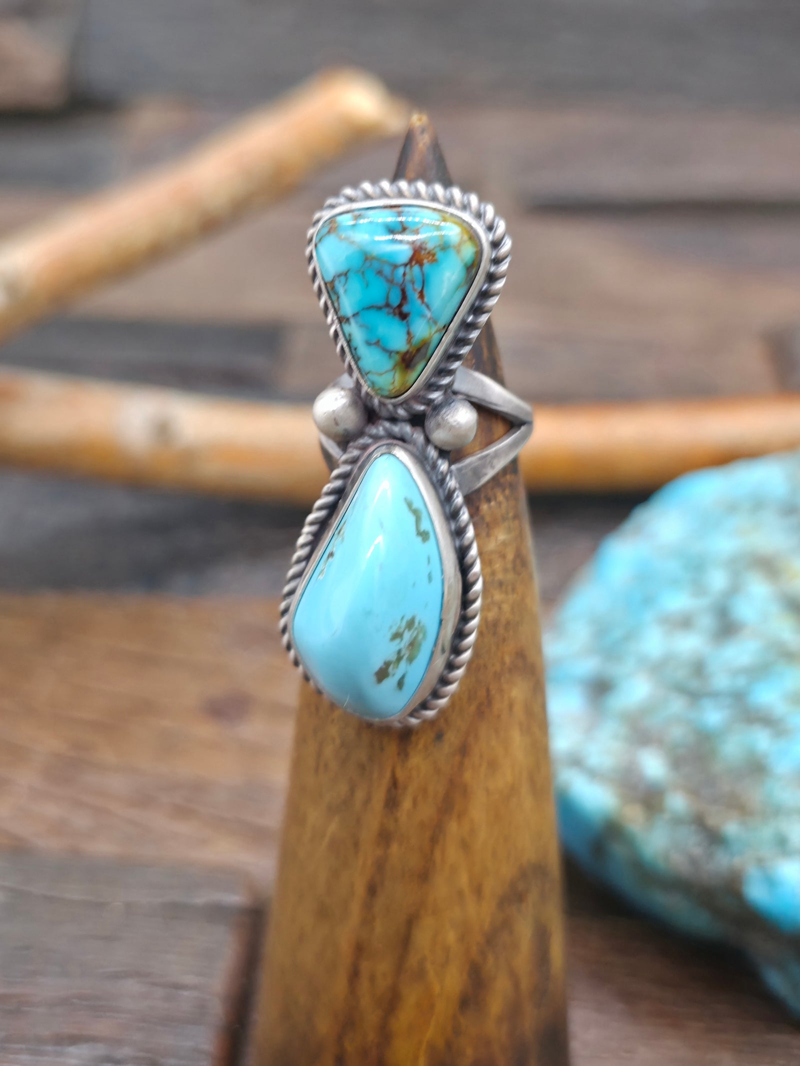 Two Stone Sterling Silver Candelaria Turquoise Ring by L. Ganado - Size 5