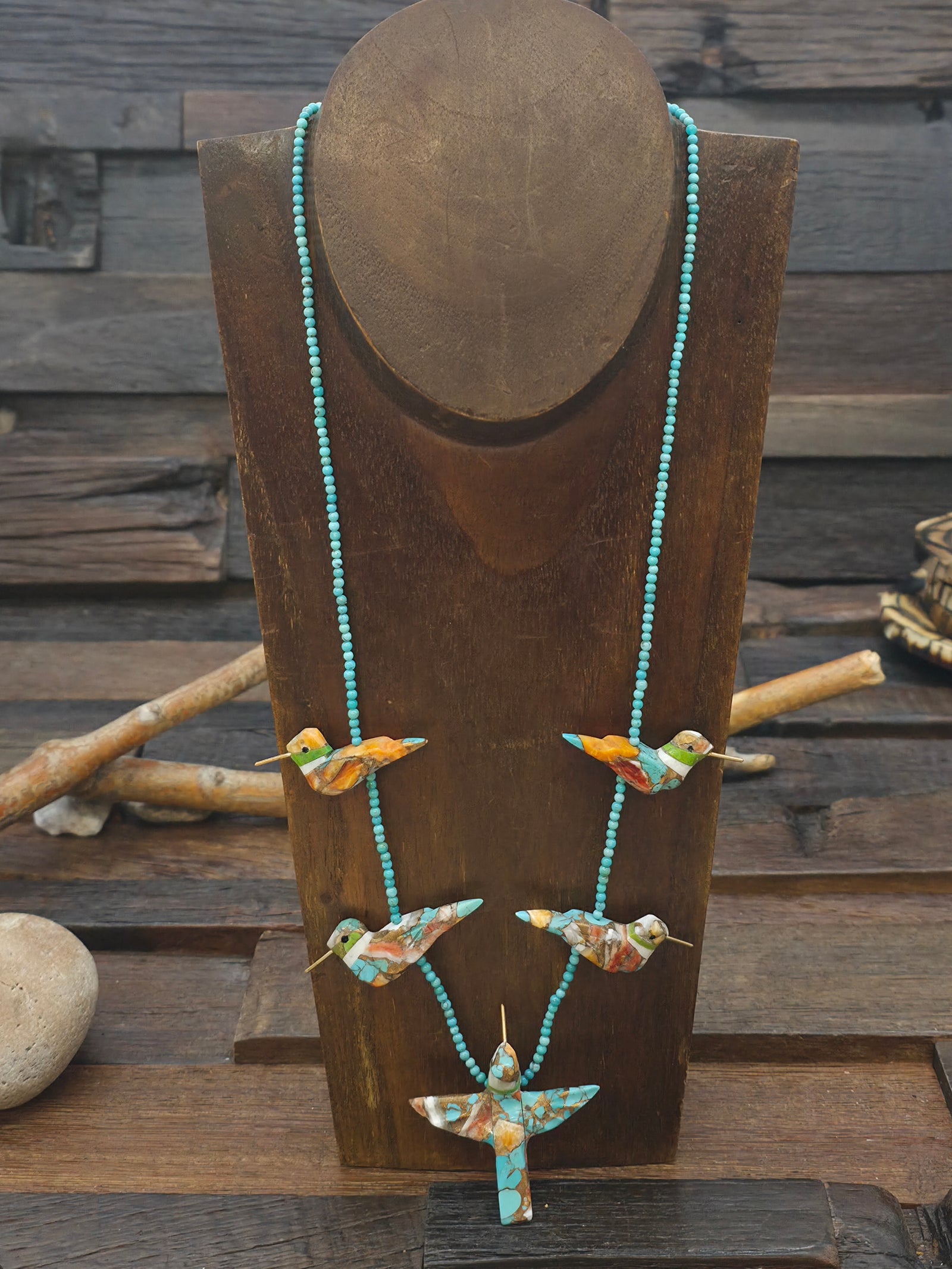 Turquoise and Spiny Composite Five Hummingbird Necklace with Blue Turquoise by Matt Mitchell - 24 in.