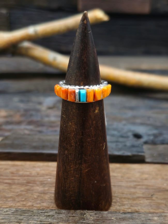 Wide Orange Spiny and Turquoise Cobblestone Inlay Sterling Silver Ring by Albert Topaha - Size 8