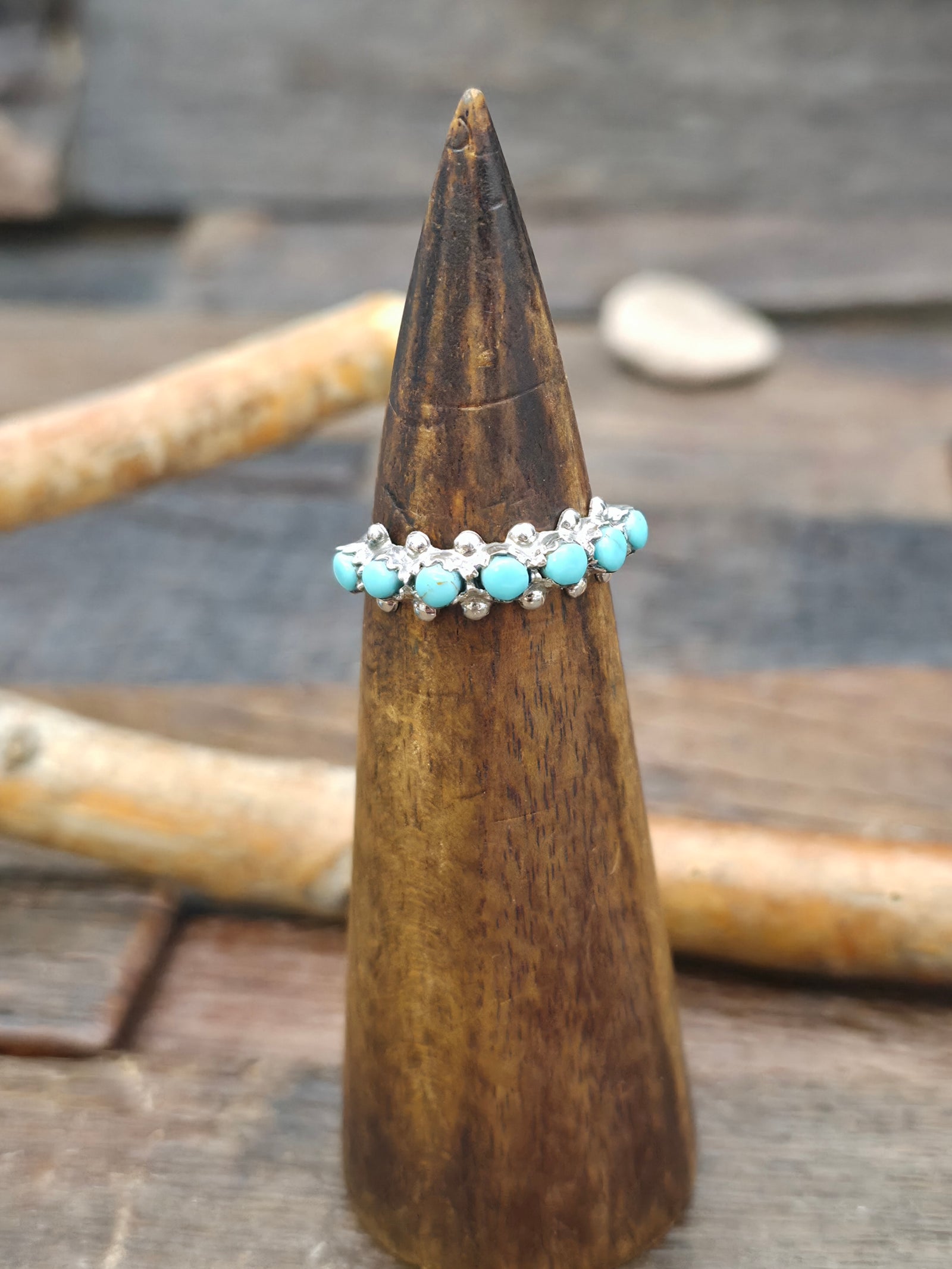 Sterling Silver Turquoise Petit Point Ring by Marlon Quam - Size 8 1/2