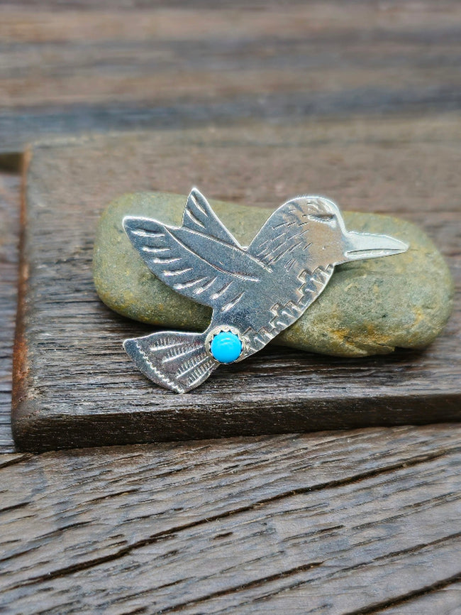 Sterling Silver and Turquoise Hummingbird Pin by Lucille Platero