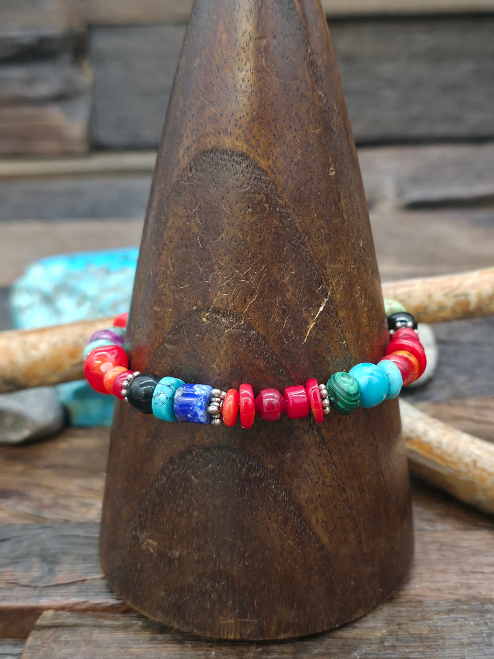 Apple Coral and Multistone Bracelet - 8 in.