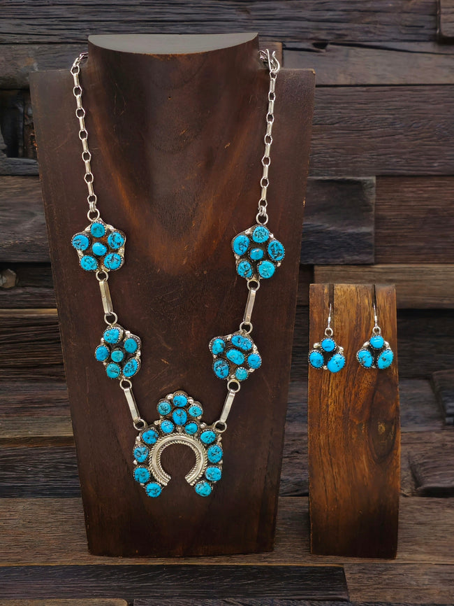 Sterling Silver and Turquoise Squash Blossom Necklace and Earring set by Vangie Tsabetsaye 19 in.