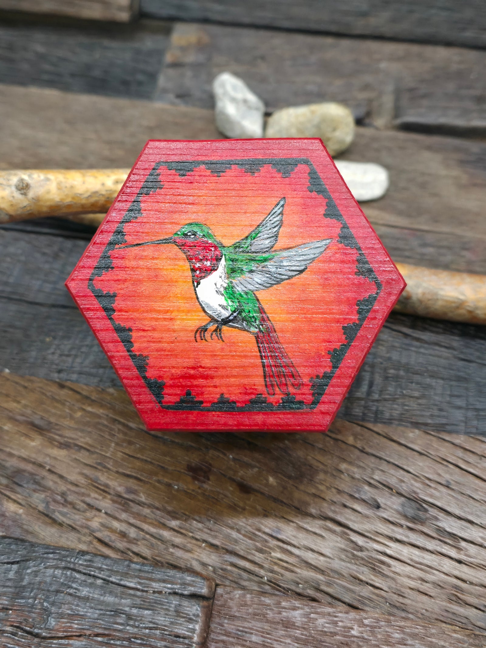 Handpainted Wooden Trinket Box by Andy Tsosie - Hummingbird - 3 in. by 3 in. by 2 in.