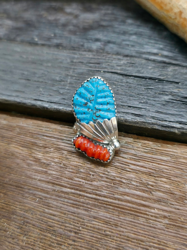 Blue Turquoise and Coral Carved Leaf Pendant by Lyolita Tsatte