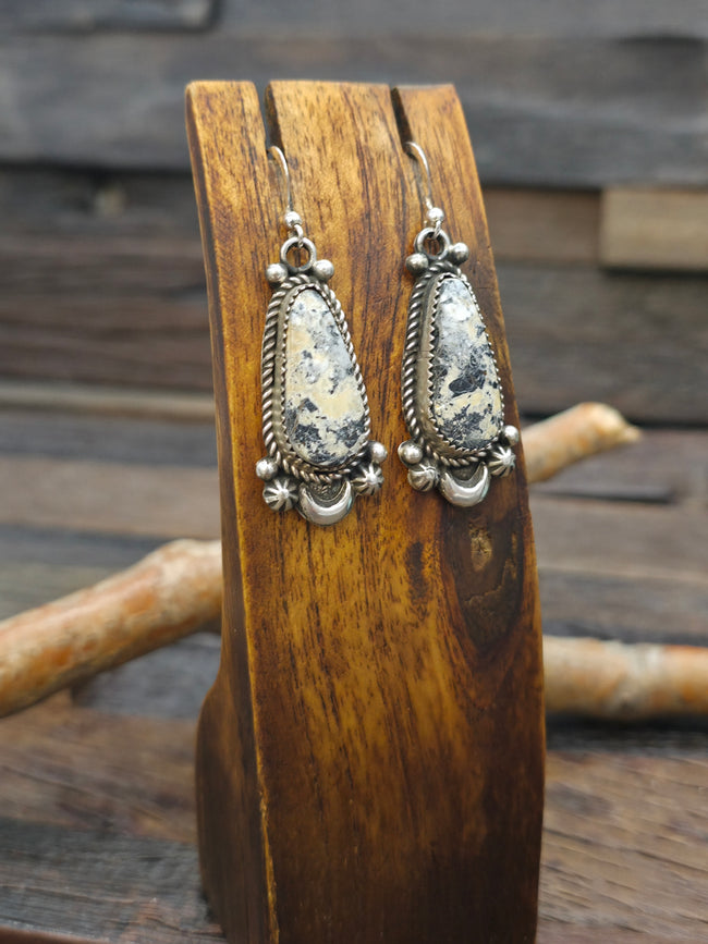Sterling Silver White Buffalo Earrings by Richard Jim - 2 in. by 5/8 in.
