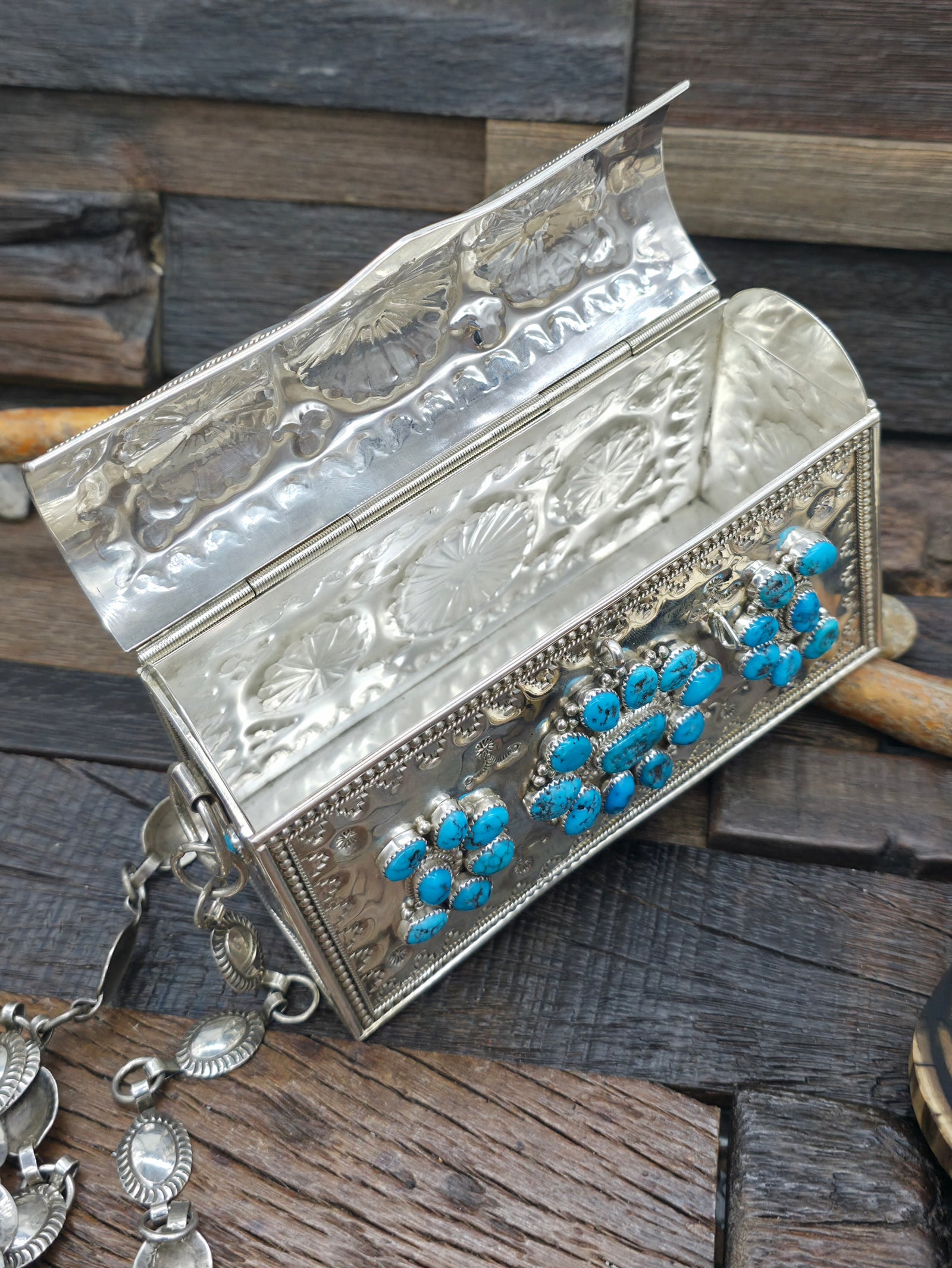 Stamped Sterling Silver Kingman Turquoise Crossbody Purse by Phil Lynn and Wilford Begay - 6 in. by 2 1/2 in. by 3 3/4 in.