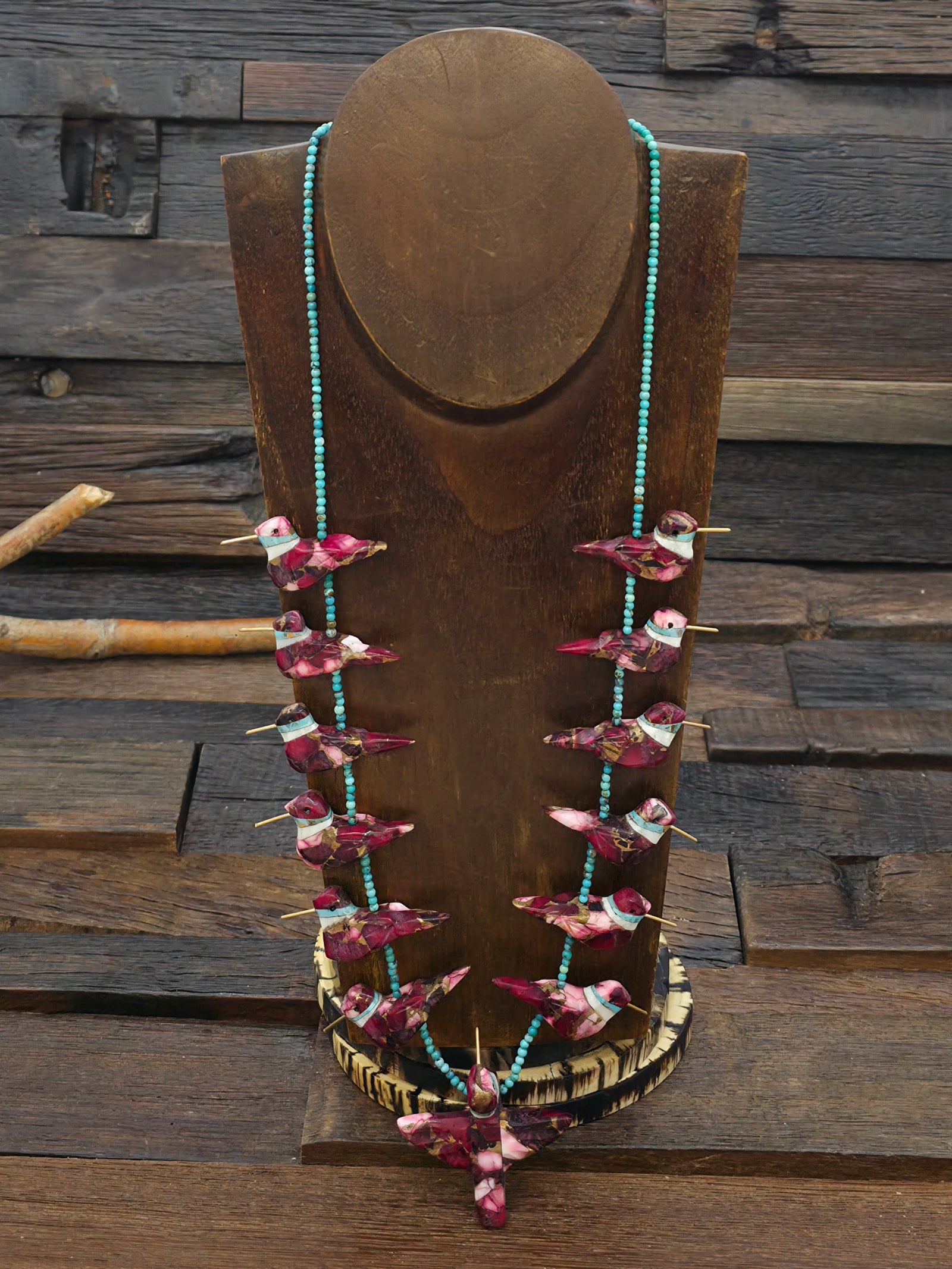 Magenta Composite 13 Hummingbird Necklace with Blue Turquoise Beads by Matt Mitchell - 28 in.