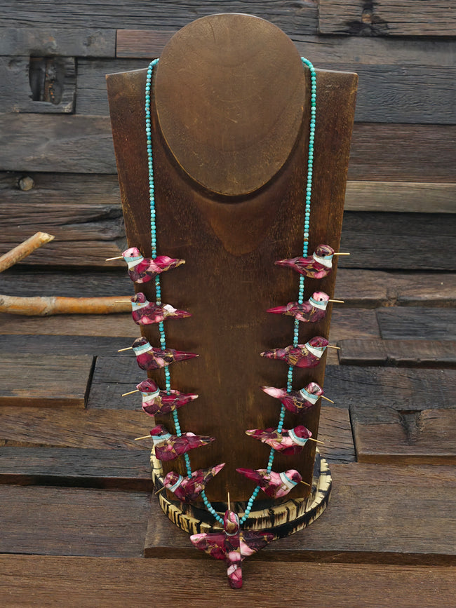 Magenta Composite 13 Hummingbird Necklace with Blue Turquoise Beads by Matt Mitchell - 28 in.