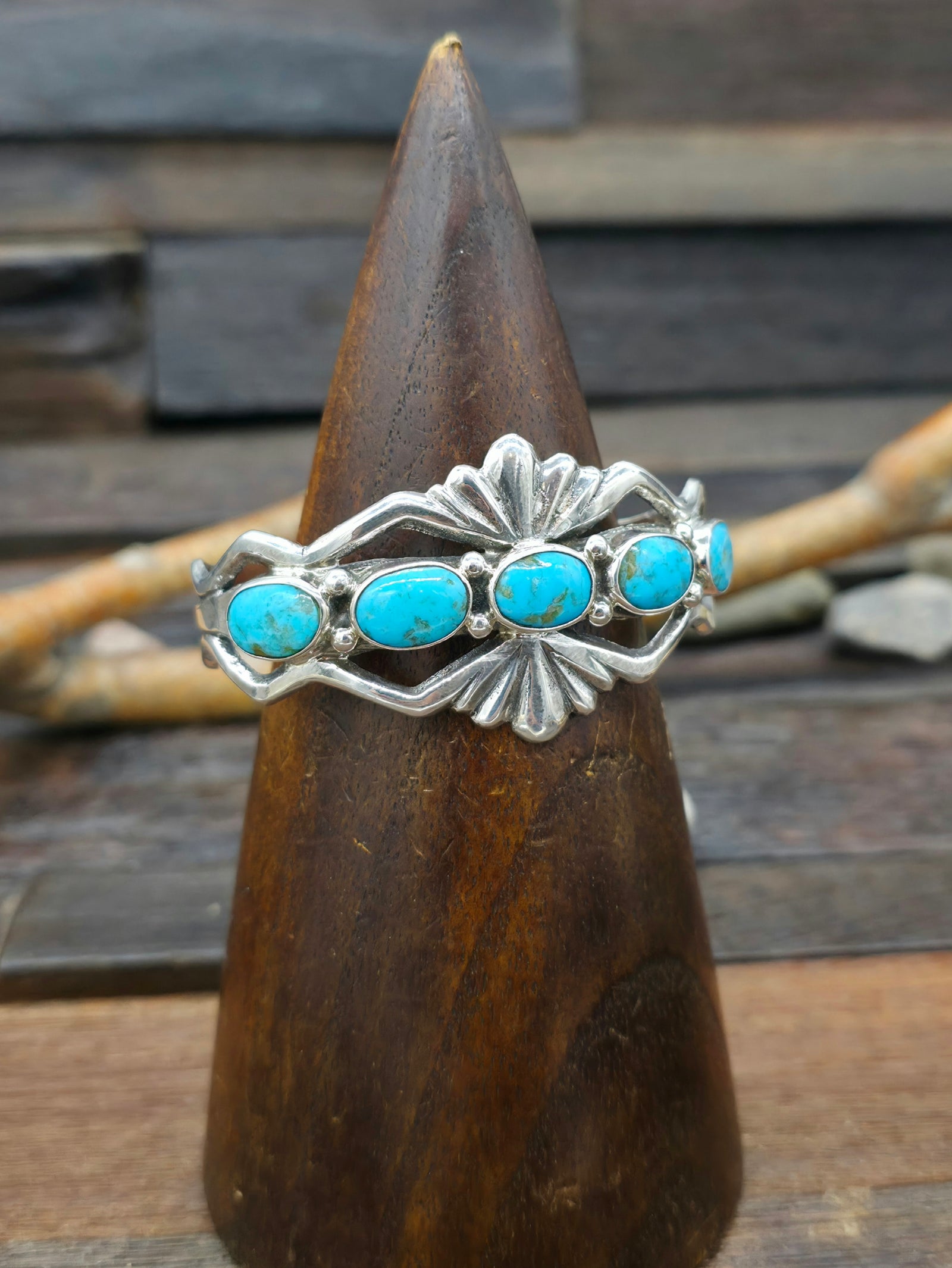 Five Stone Turquoise Sterling Silver Bracelet by Evelyn Platero - 6 1/2 in