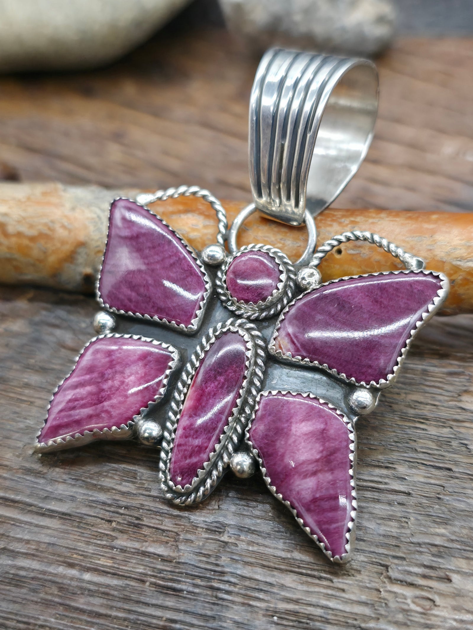 Sterling Silver Purple Spiny Oyster Butterfly Pendant by LaRose Ganadanegro -2 1/2 in. by 2 in.