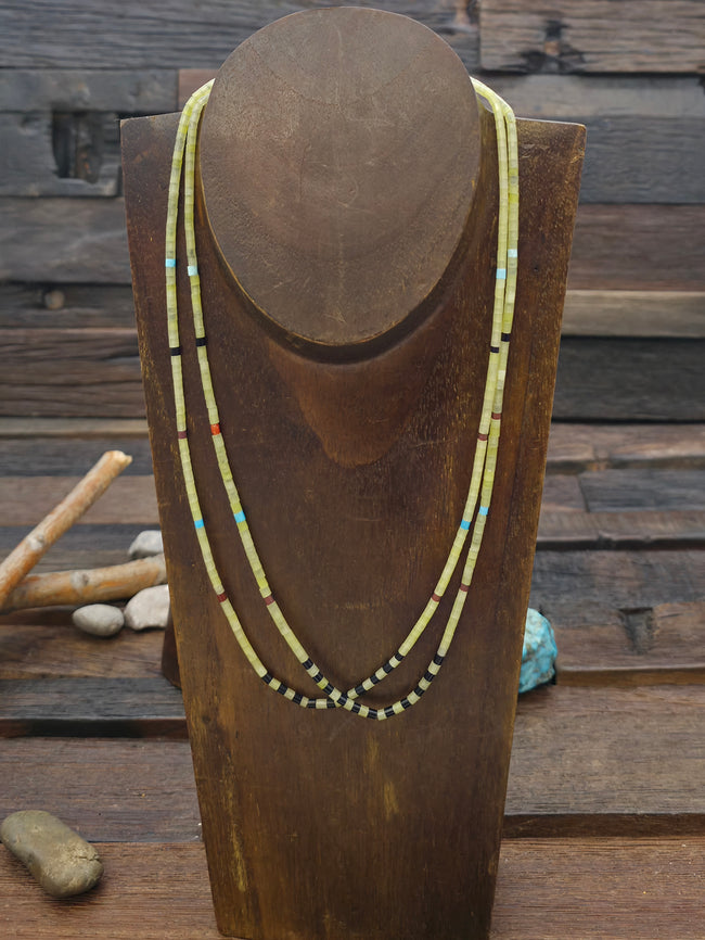 Two Strand Serpentine Necklace with Jet, Turquoise, Pipestone, and Coral by Pablita Bailon - 20 in.