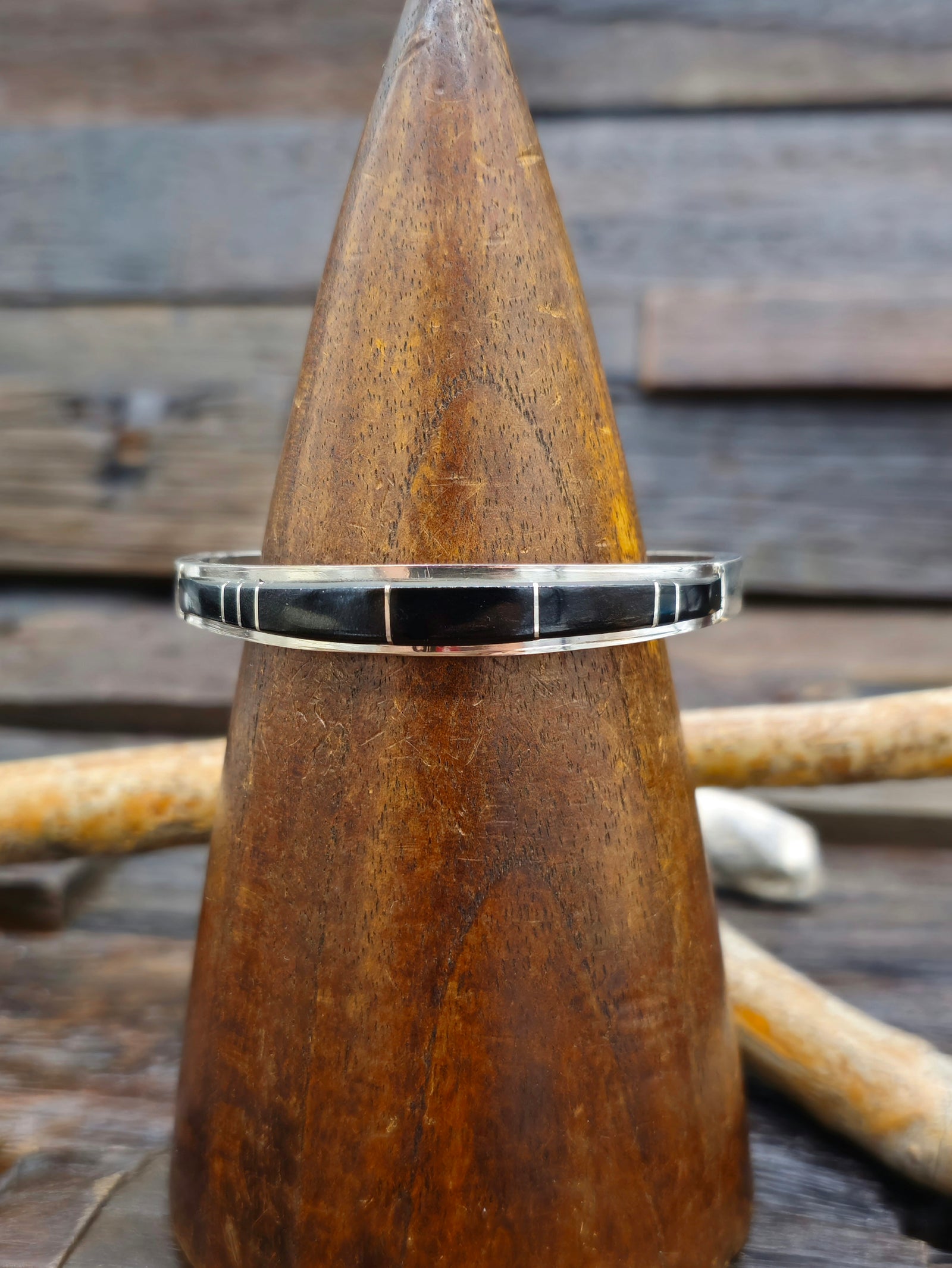 Onyx Inlay Sterling Silver Cuff by Kyle Yellowhair - 6 1/4 in.