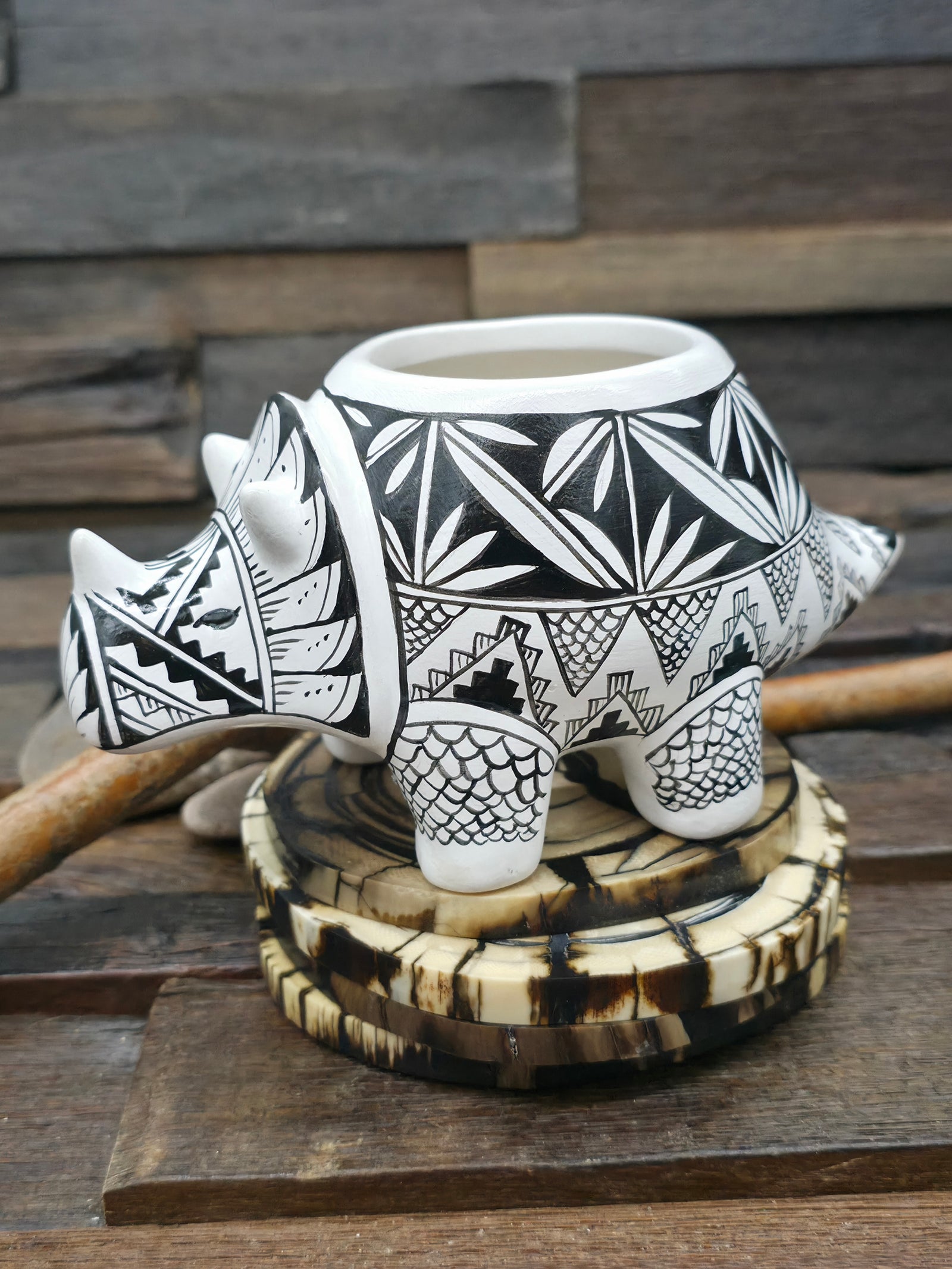 Hand Painted Black and White Triceratops Planter by A. Tsosie - 7 in. by 3 1/2 in. by 3 in.