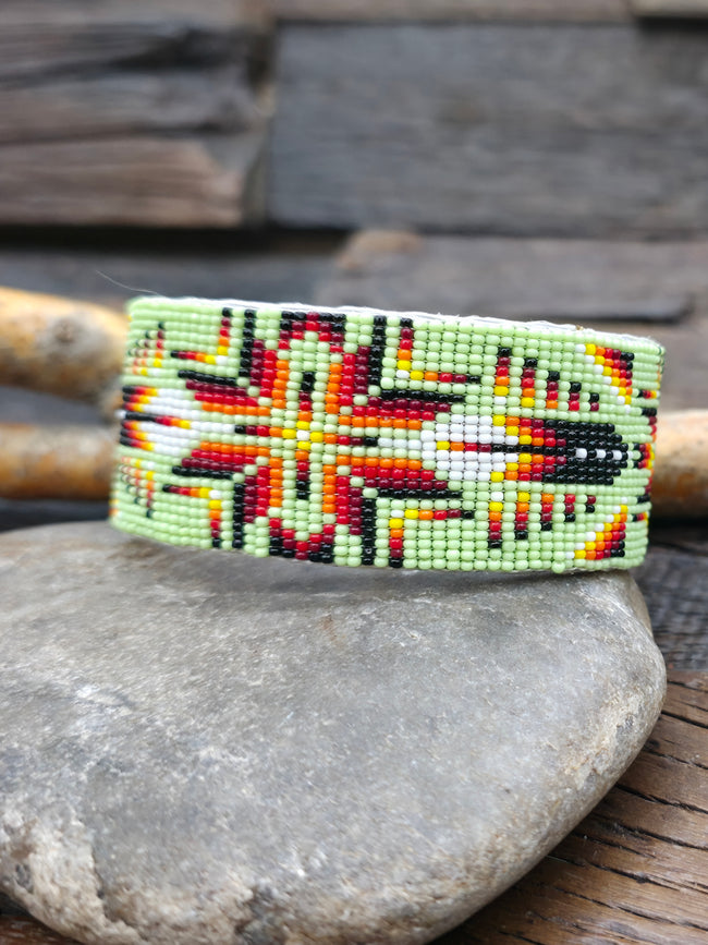 Beadwork Cuff by Dean Martin - Green, Red, and Black with Feather Design - 7 in. with Gap