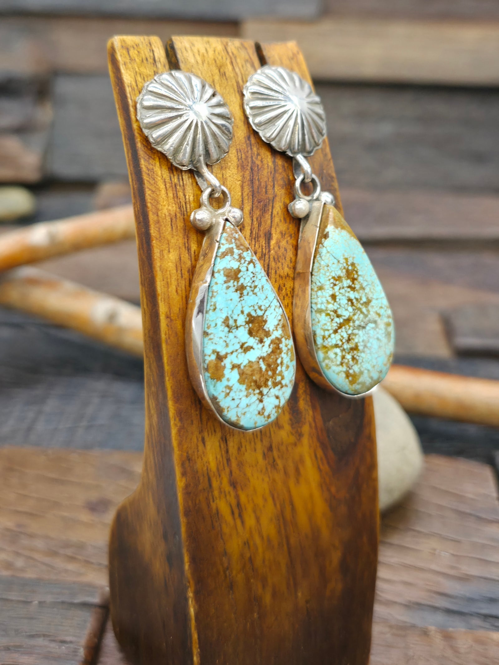 Sterling Silver #8 Turquoise Post Dangle Earrings by Richard Jim - 2 1/2 in. by 3/4 in.