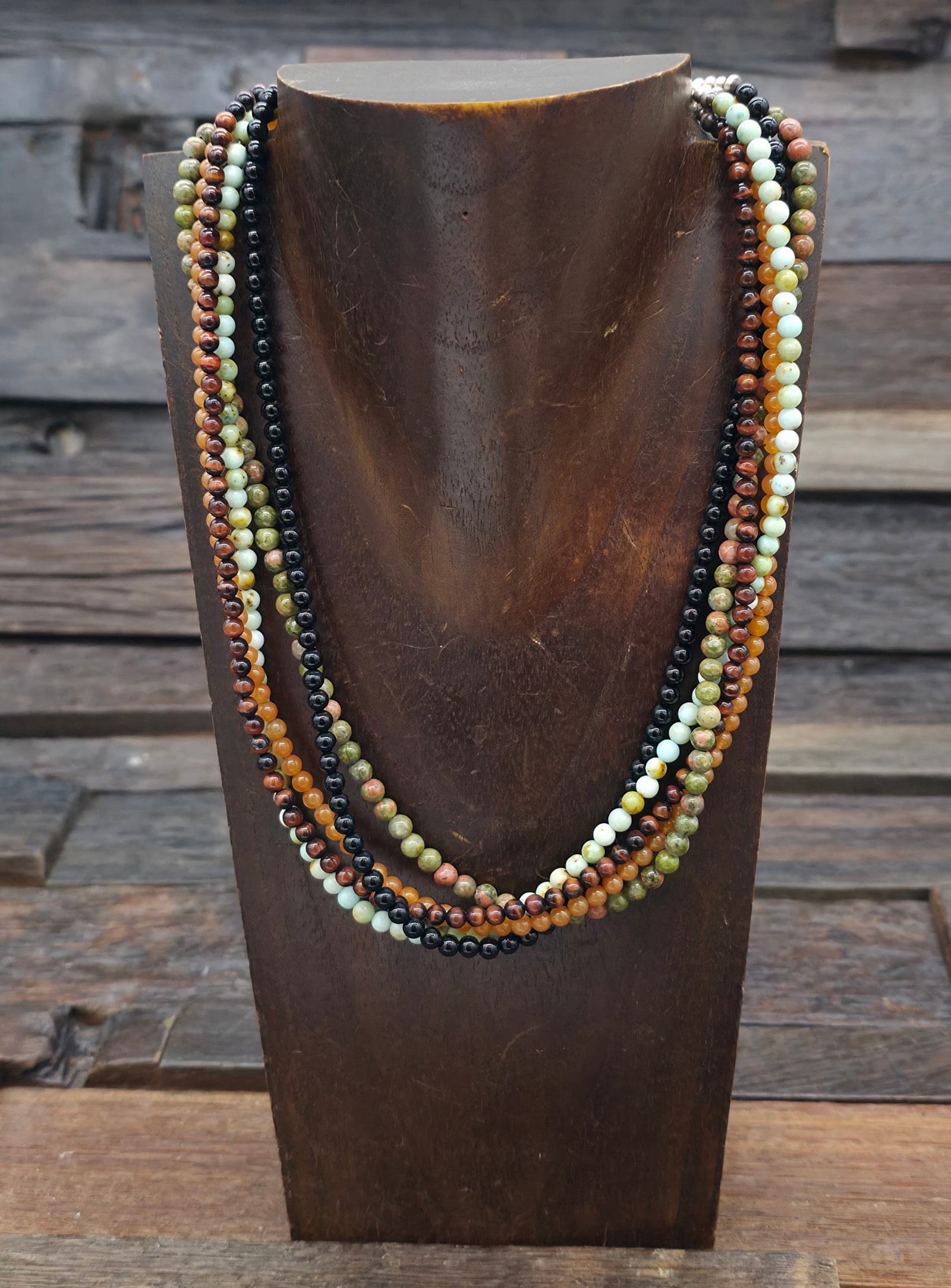 Five Strand Tiger's Eye, Onyx, and Jasper Stone Bead Necklace - 18 in.
