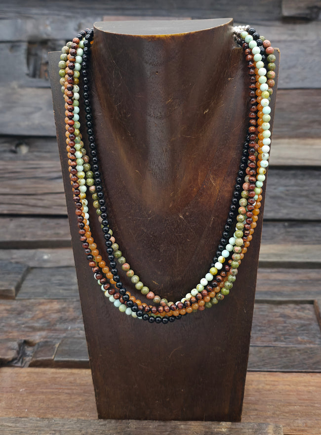 Five Strand Tiger's Eye, Onyx, and Jasper Stone Bead Necklace - 18 in.