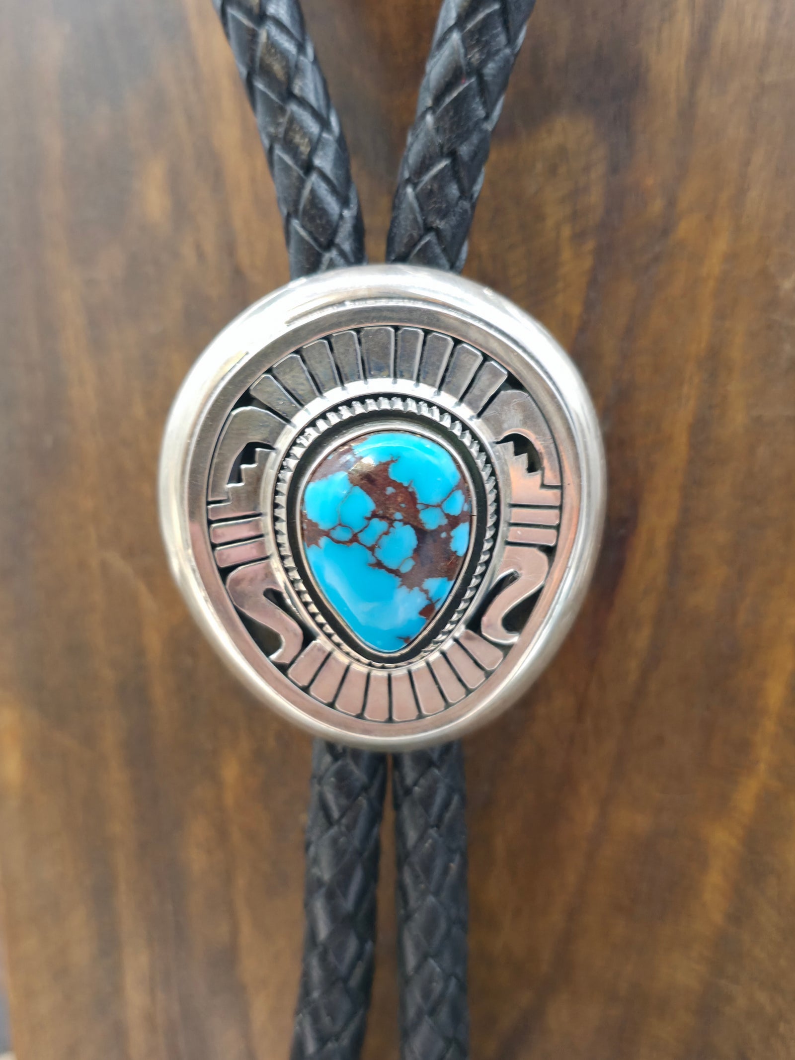 Sterling Silver Blue Turquoise Bolo Tie by Leonard Nez