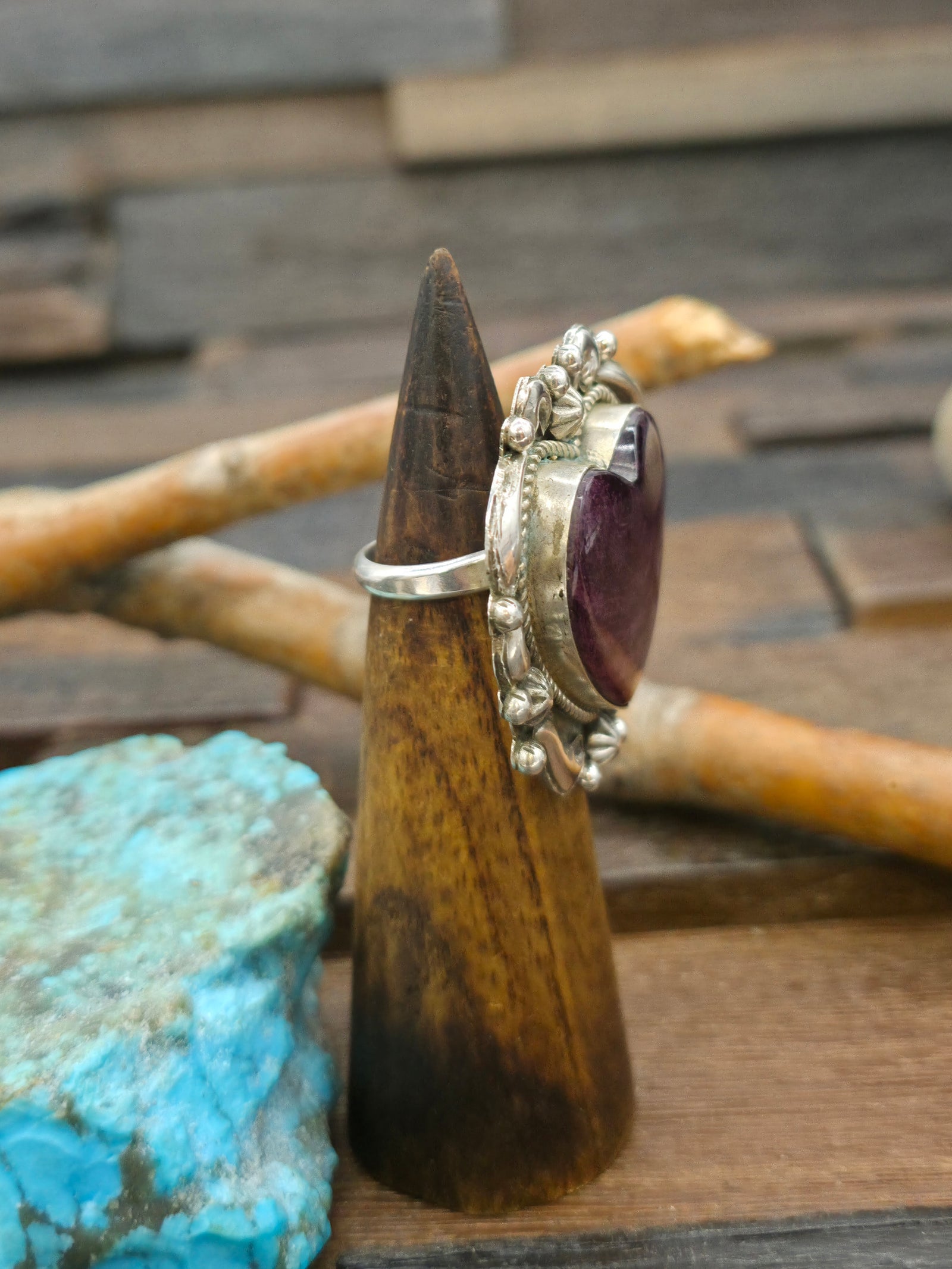 Repousse Stamped Sterling Silver Purple Spiny Ring by Richard Jim - Adjustable